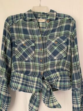 We The Free plaid gauze 'First Bloom' cropped blouse with tie hem